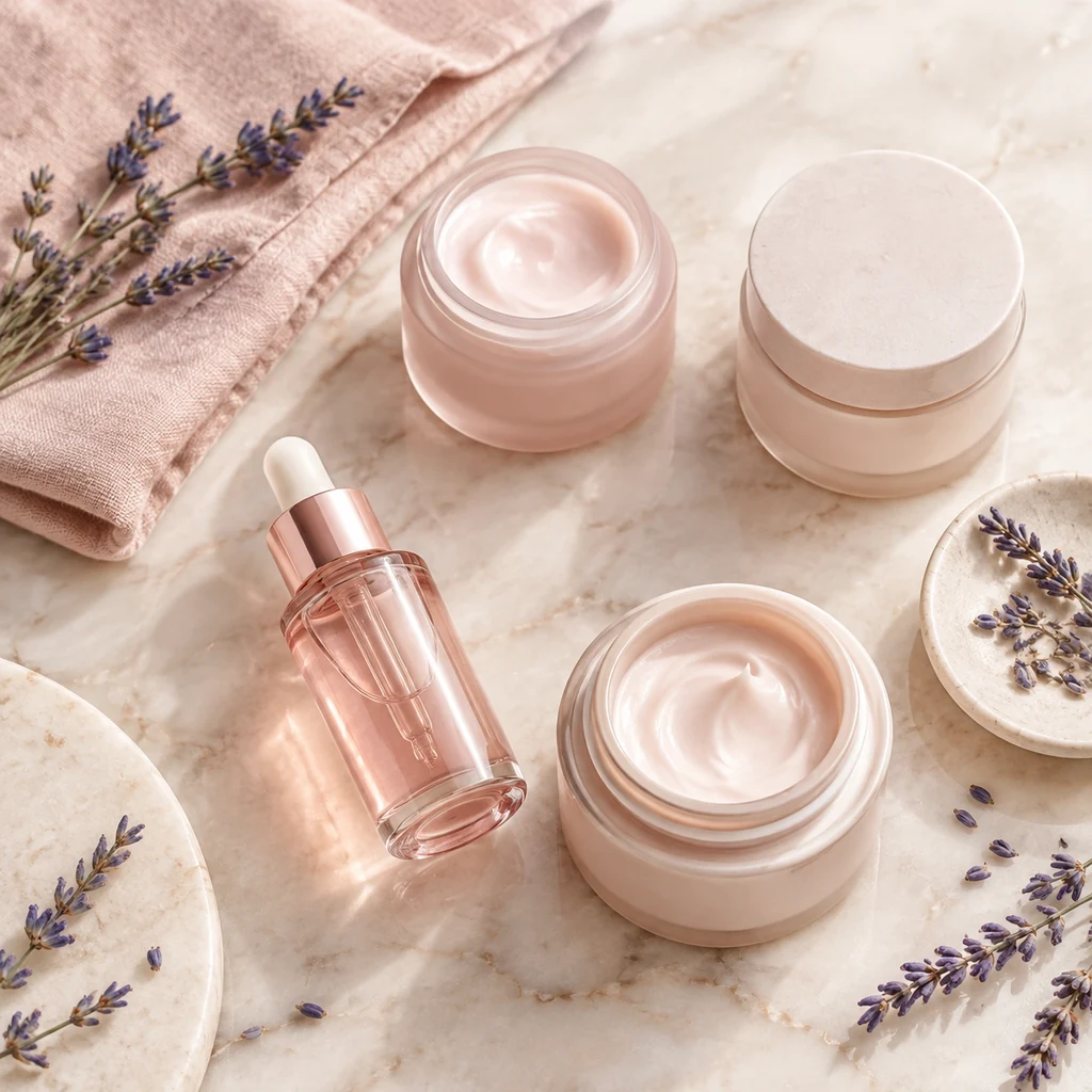 Skincare jars, a dropper bottle and folded linen on a cream marble surface