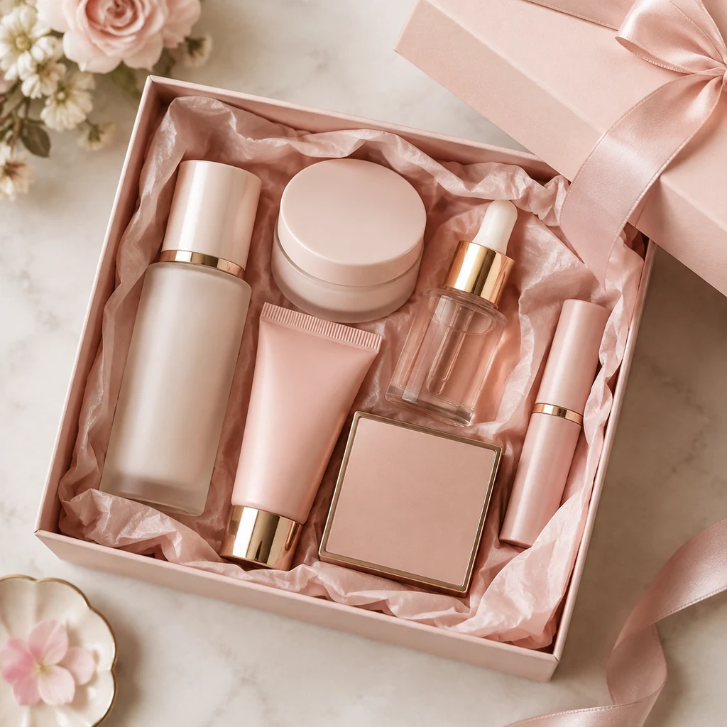 Neatly packed beauty order in a blush cardboard box with tissue paper