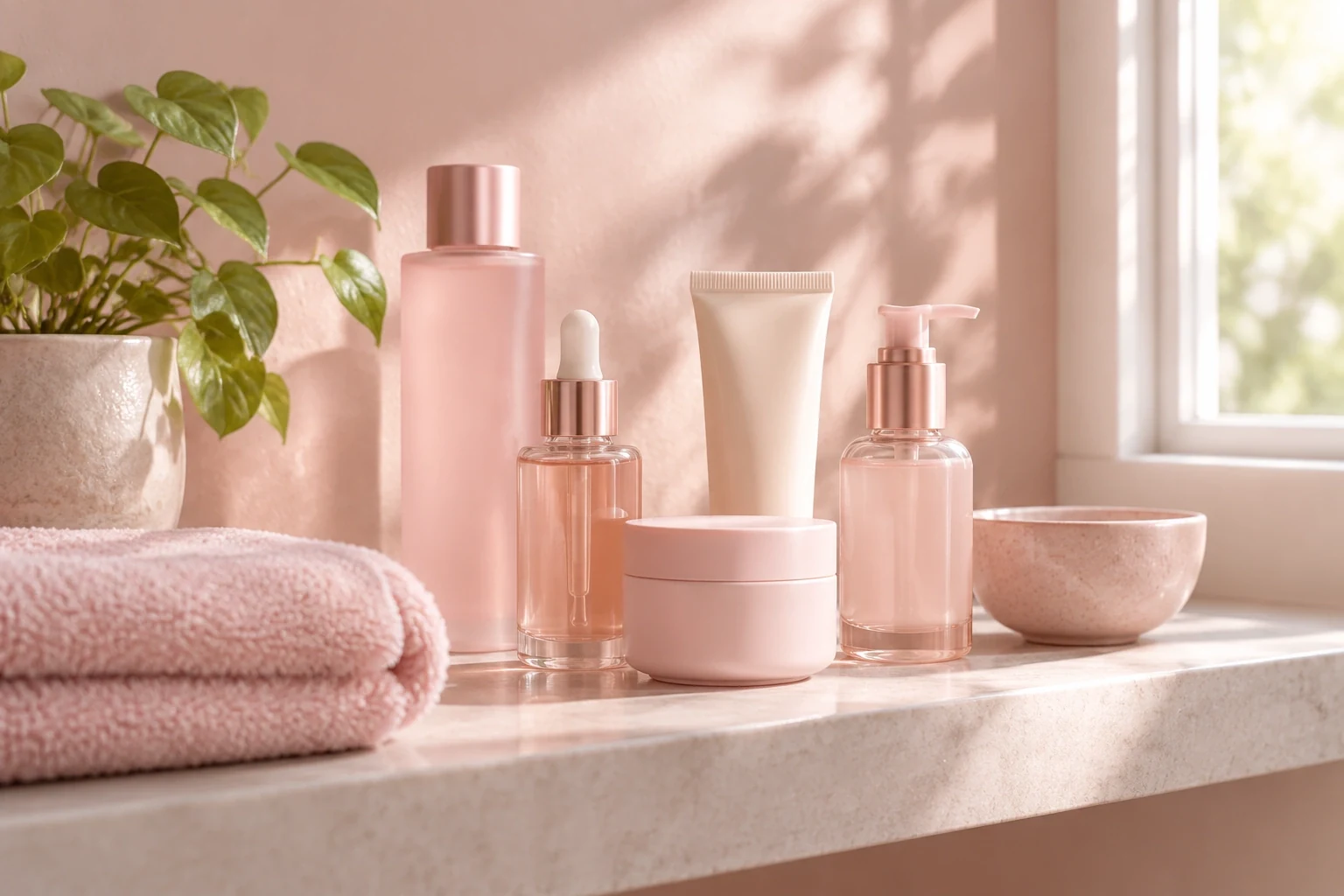 Calm bathroom shelf with skincare bottles, a folded towel and a small plant