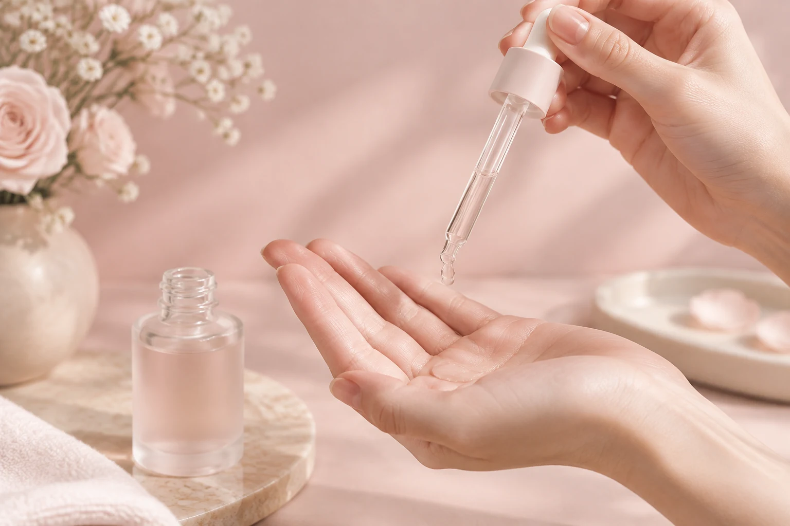 Hands holding a glass dropper above an open palm with a drop of serum