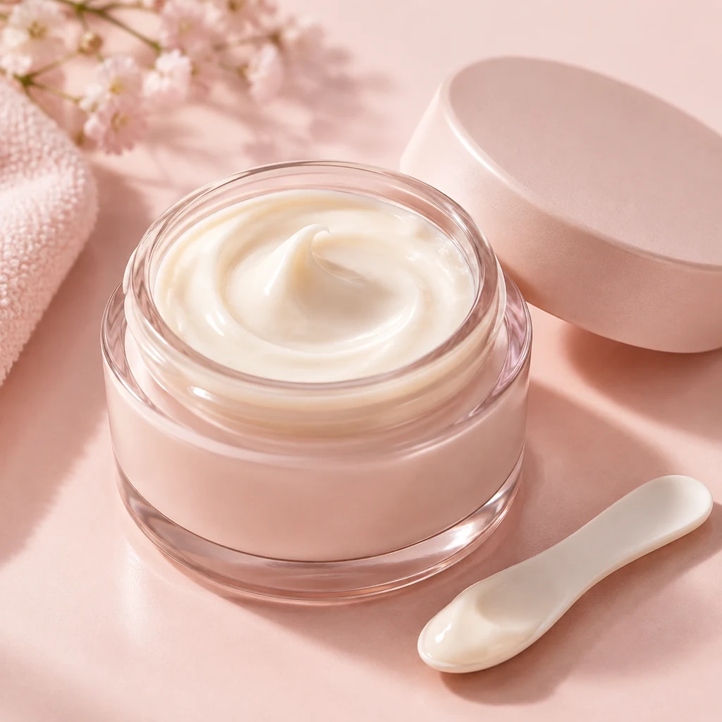 Close macro of a cream jar with a swirl of thick moisturiser and a spatula