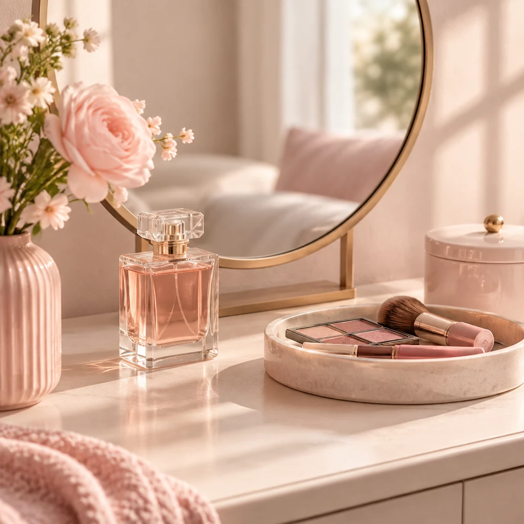 Tidy dressing table corner with a round mirror, a perfume bottle and makeup