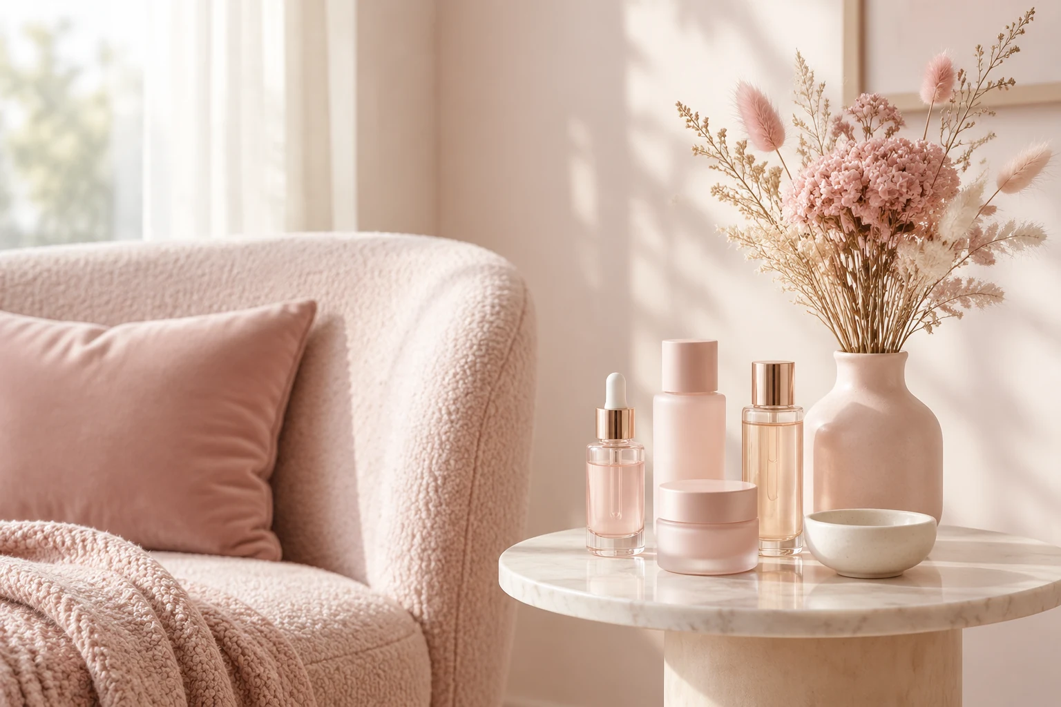 Bright minimal room corner with a soft chair and a table of skincare bottles