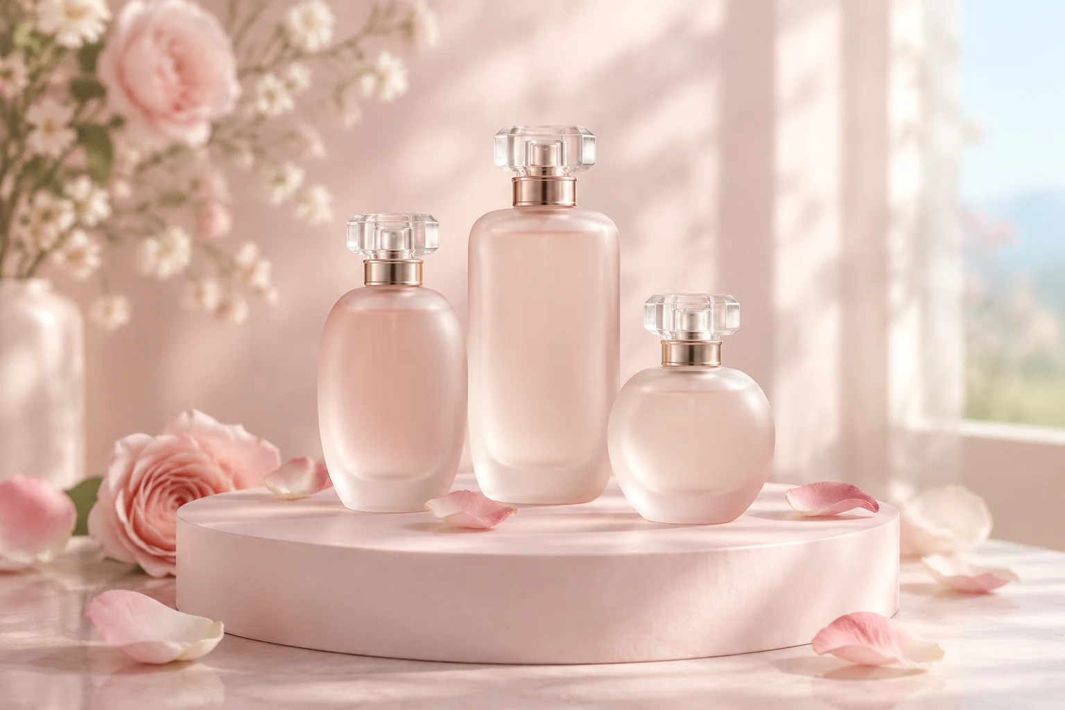 Three frosted glass perfume bottles standing on a pale pink pedestal