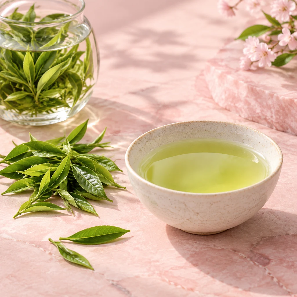 Fresh green tea leaves and a shallow bowl of pale green infusion