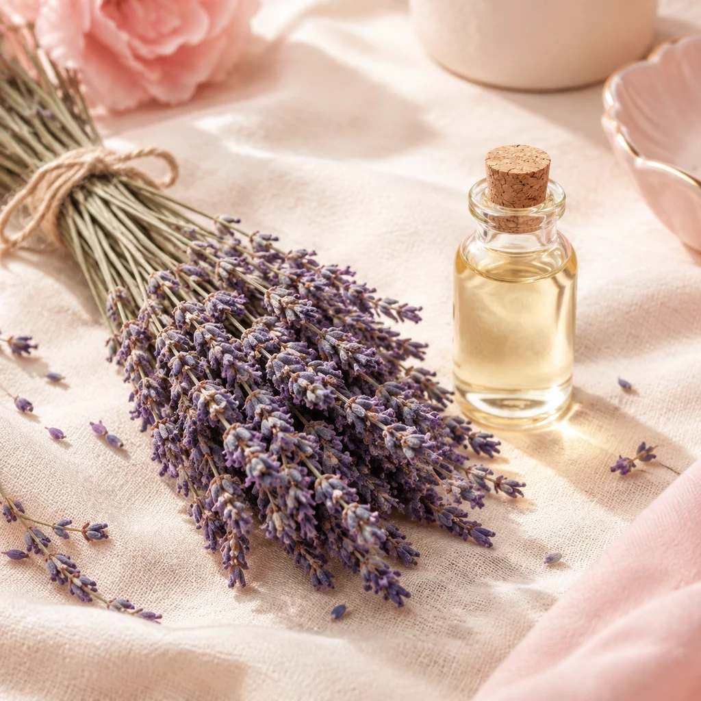 Dried lavender stems beside a small clear vial of lavender oil