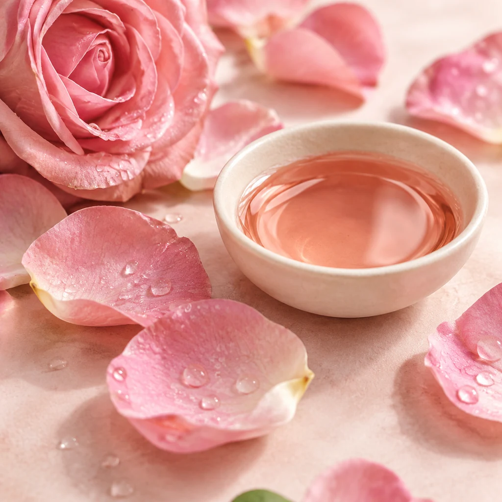 Fresh pink rose petals beside a small dish of rose extract oil