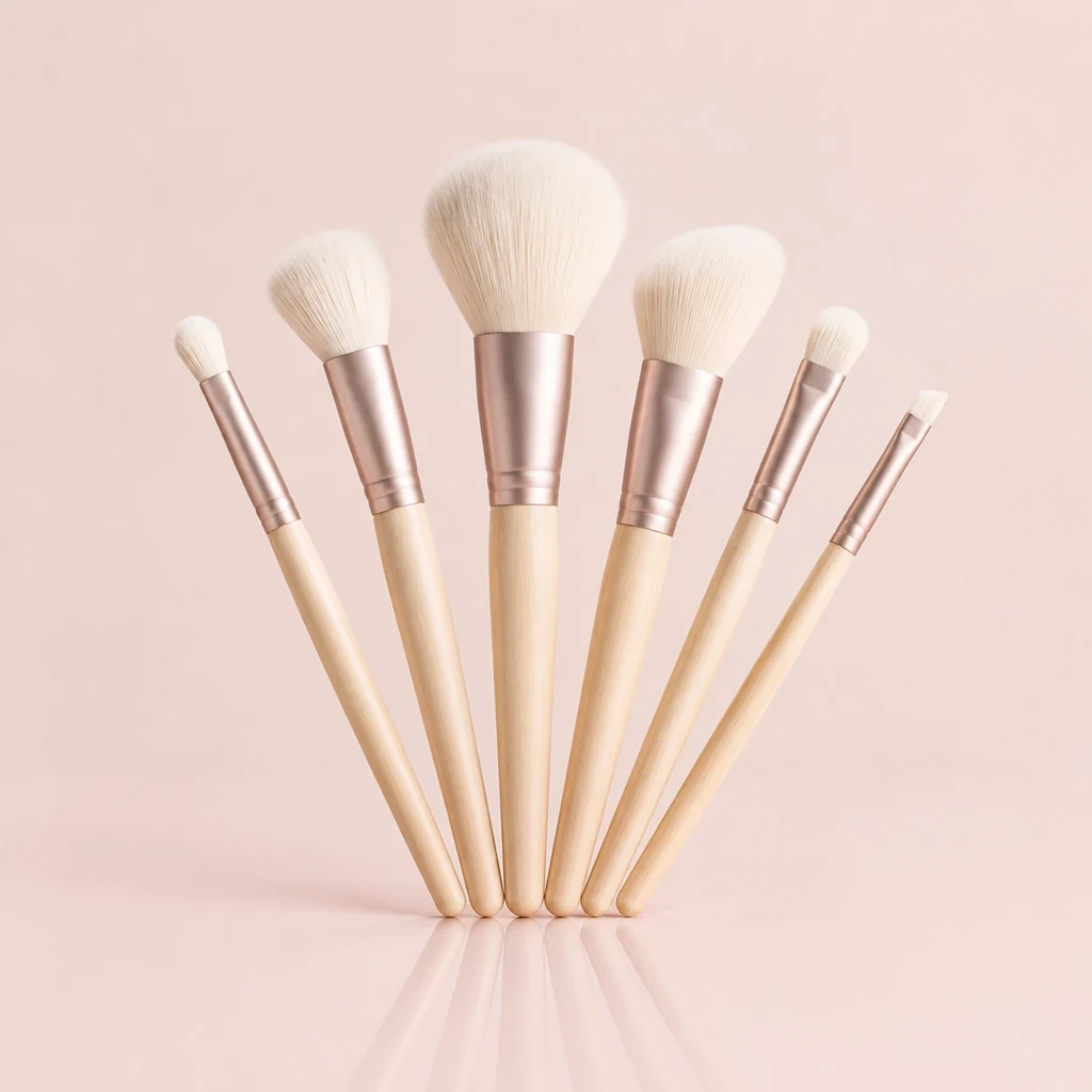 Six makeup brushes with pale wooden handles fanned out in an arc