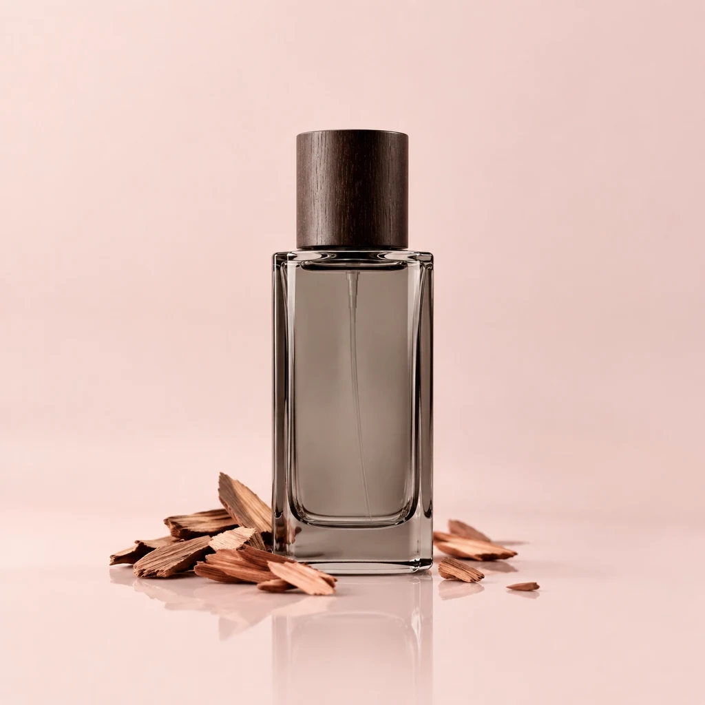 Tall smoked grey glass eau de toilette bottle with a dark wooden cap
