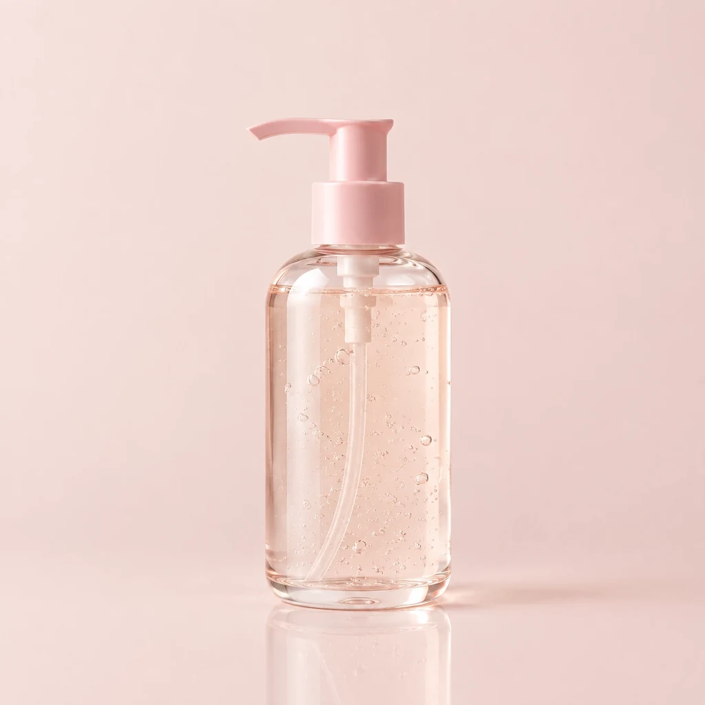 Clear pump bottle of translucent cleansing gel with a soft pink pump head
