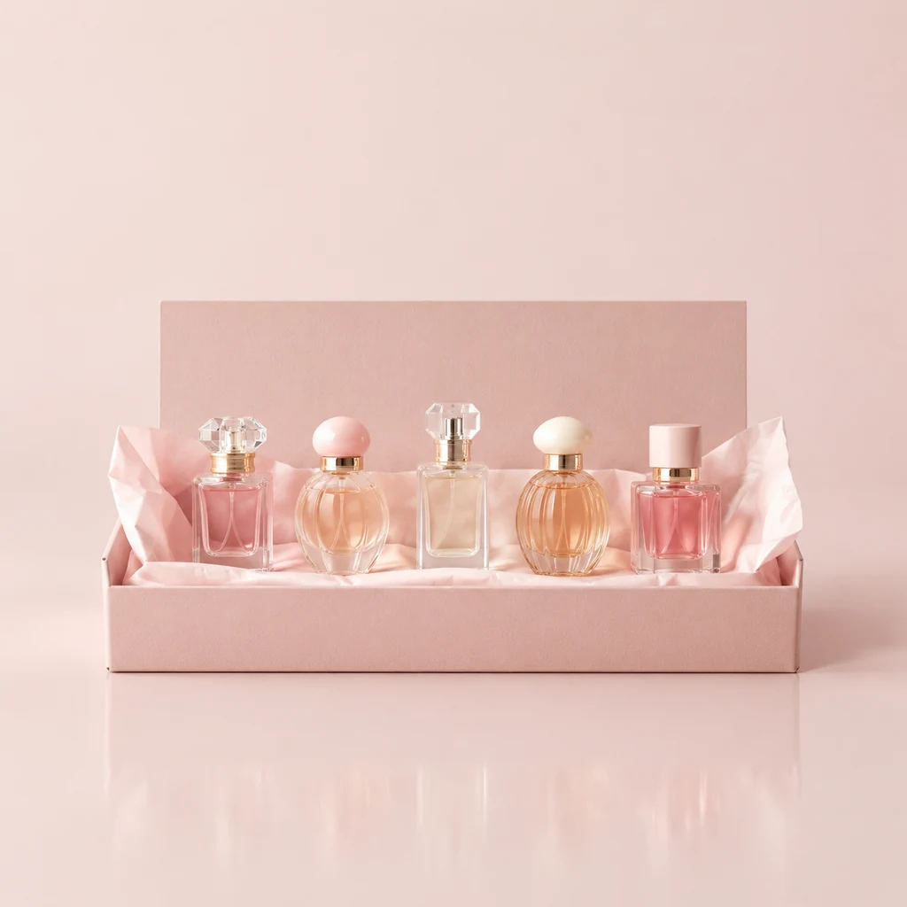 Five tiny glass perfume miniatures in an open blush card tray