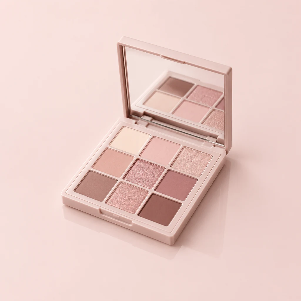 Open makeup palette with nine neutral rose eyeshadow pans and a mirror lid