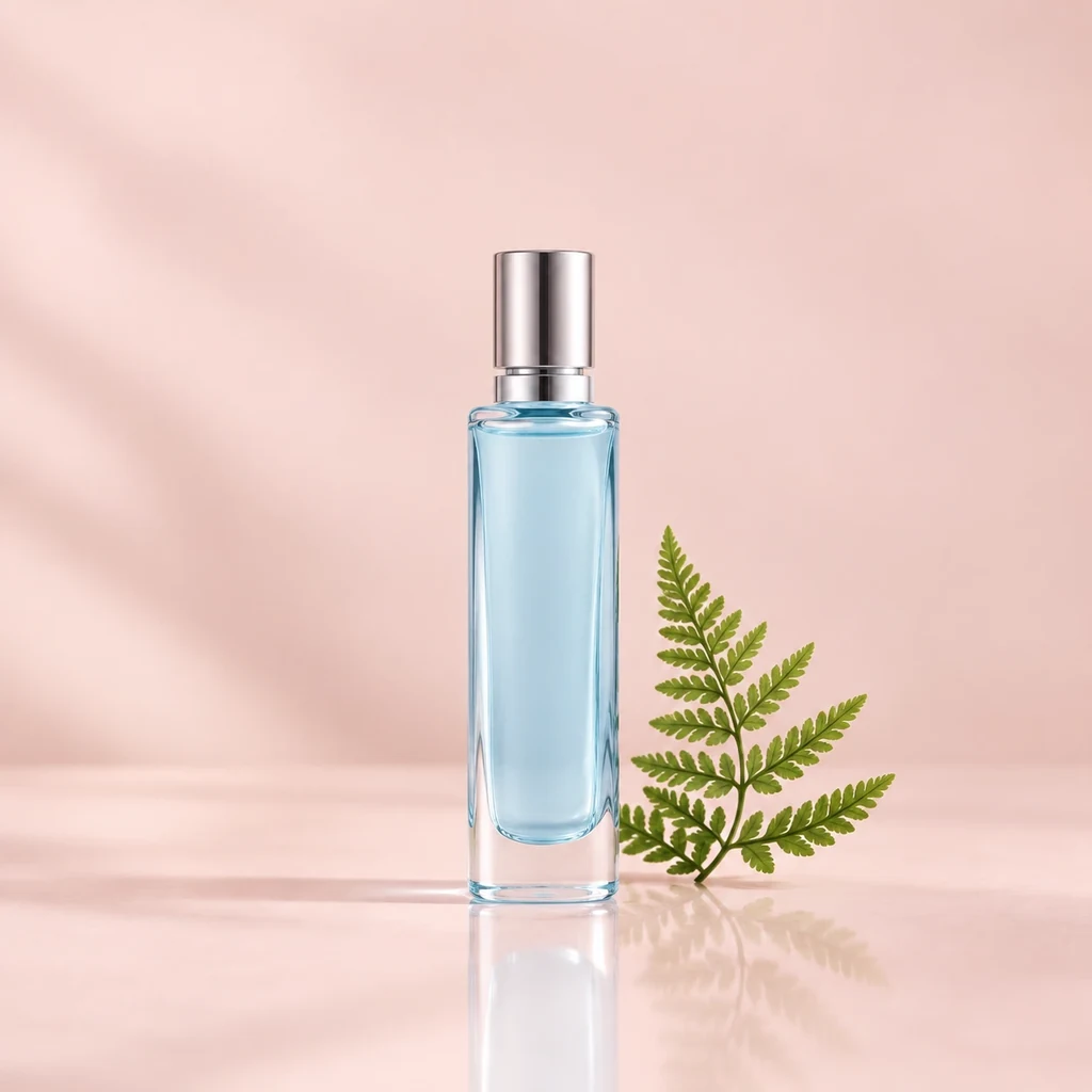Slim pale blue eau de toilette bottle beside a sprig of green fern