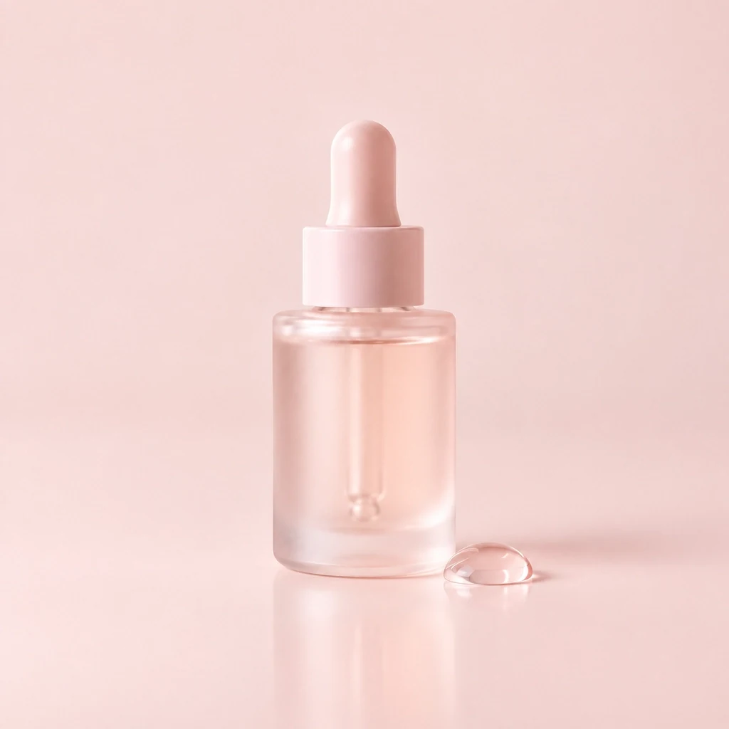 Frosted glass serum bottle with a soft pink pipette and a droplet of serum