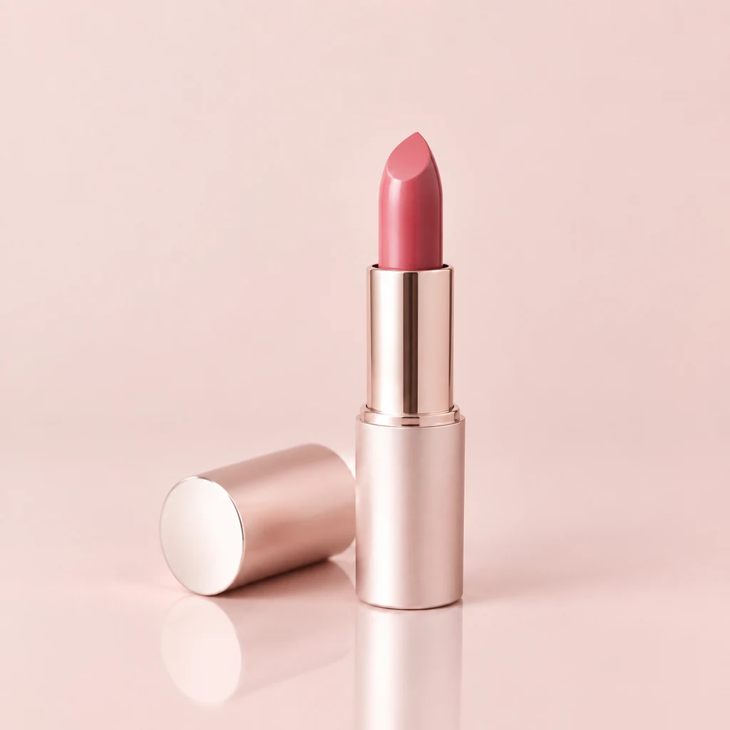 Open satin lipstick bullet in a rosy shade standing in a slim metal case