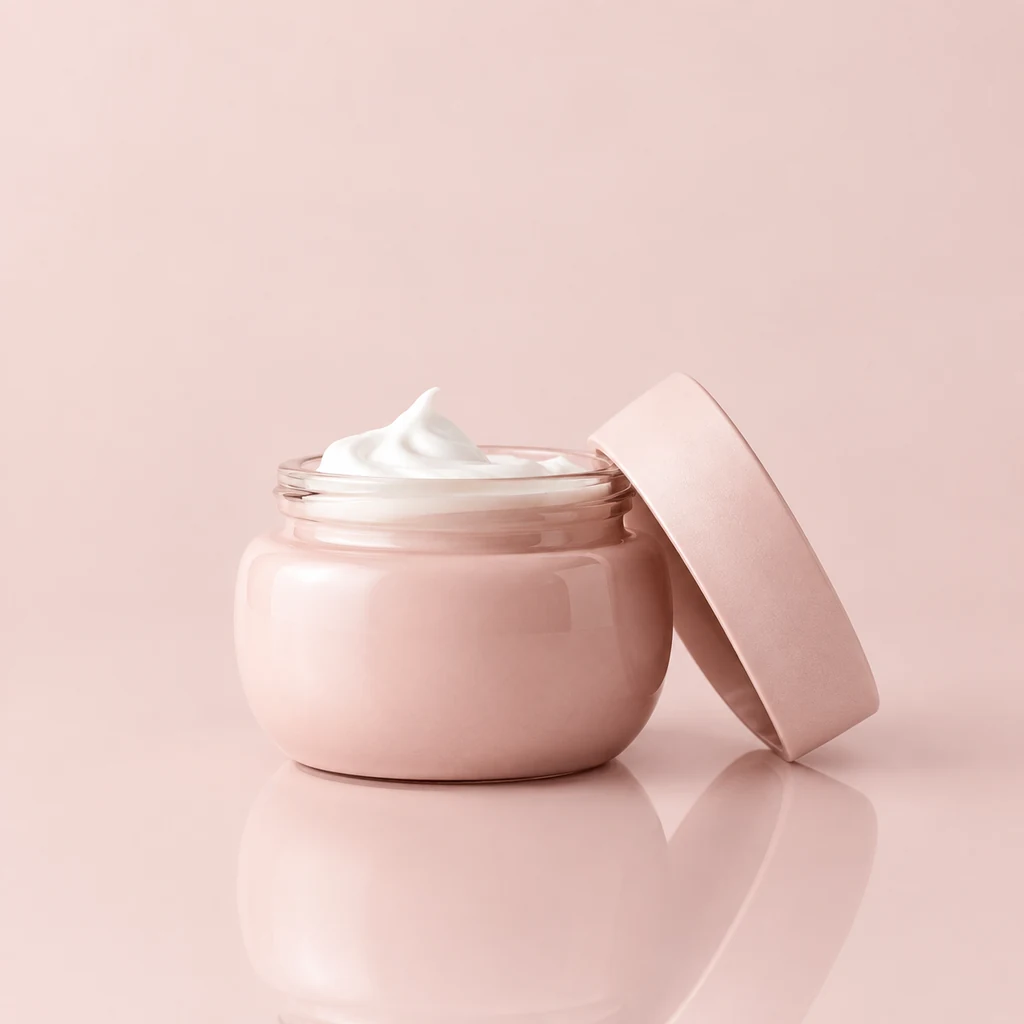 Wide blush ceramic cream jar with the lid resting at an angle
