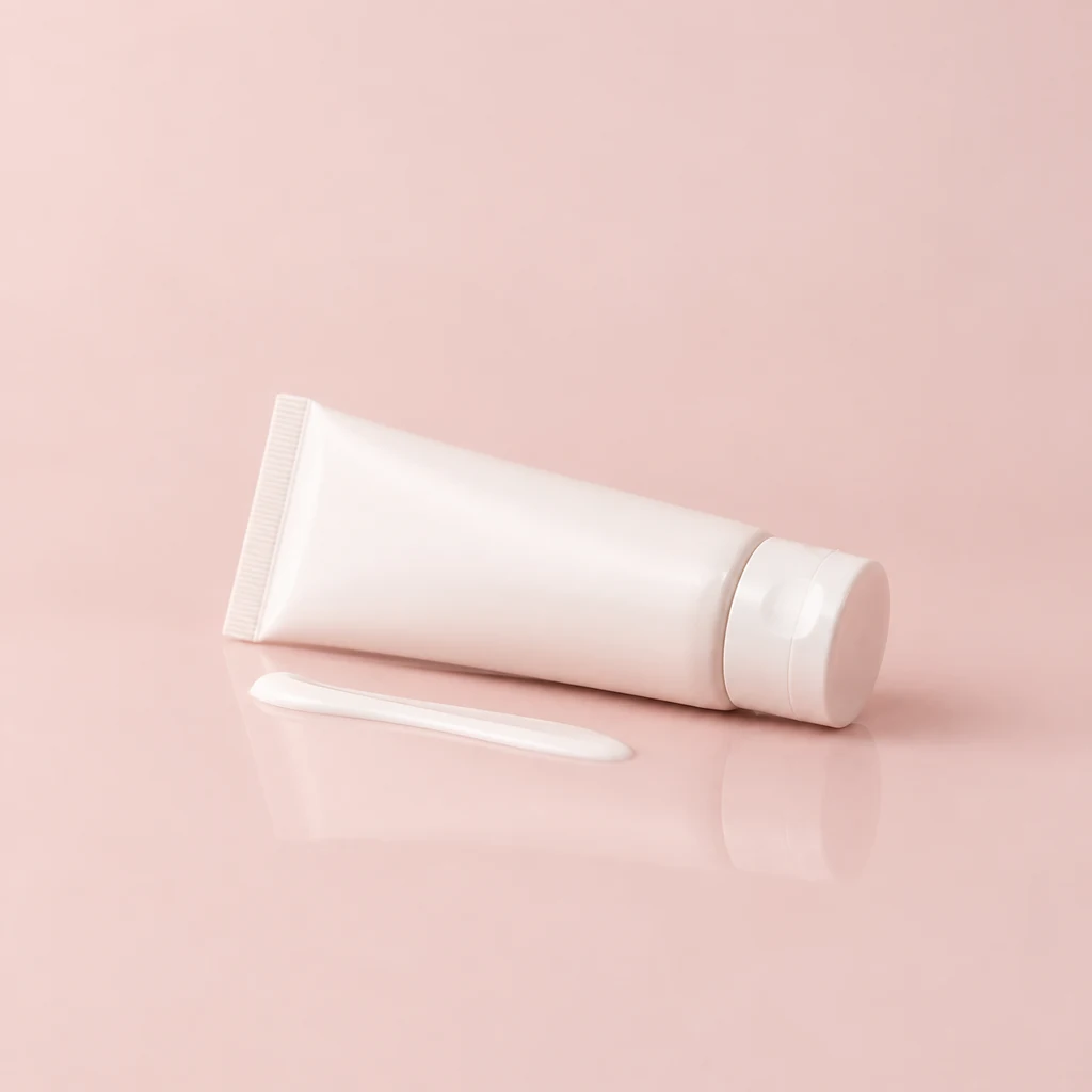 White sunscreen fluid tube lying on its side beside a stripe of fluid