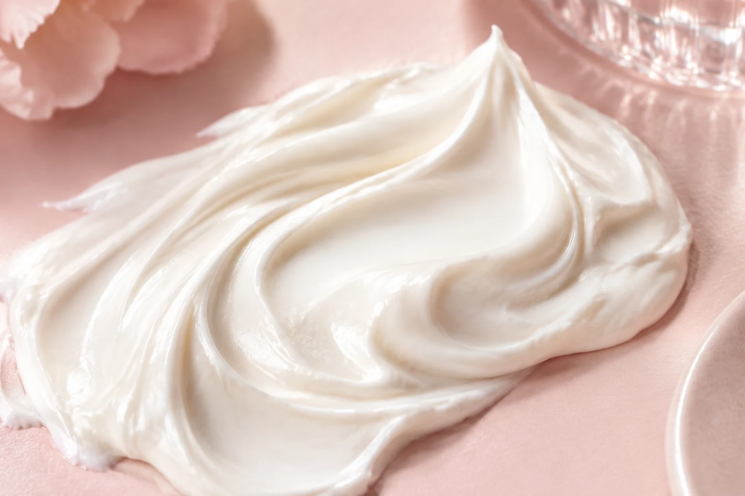Macro texture of white cream swirled on a pale rose surface